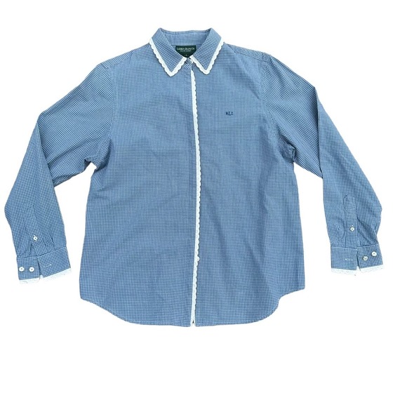 Ralph Lauren Pajama Top Womens Long Sleeve Lace Button Down Cotton Blue Large - Picture 1 of 8